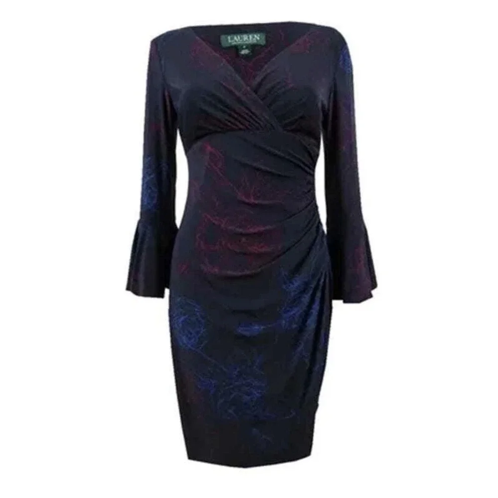 Lauren Ralph Lauren Black Dress with Blue & Maroon Floral Accent - Long Sleeve - Picture 1 of 13